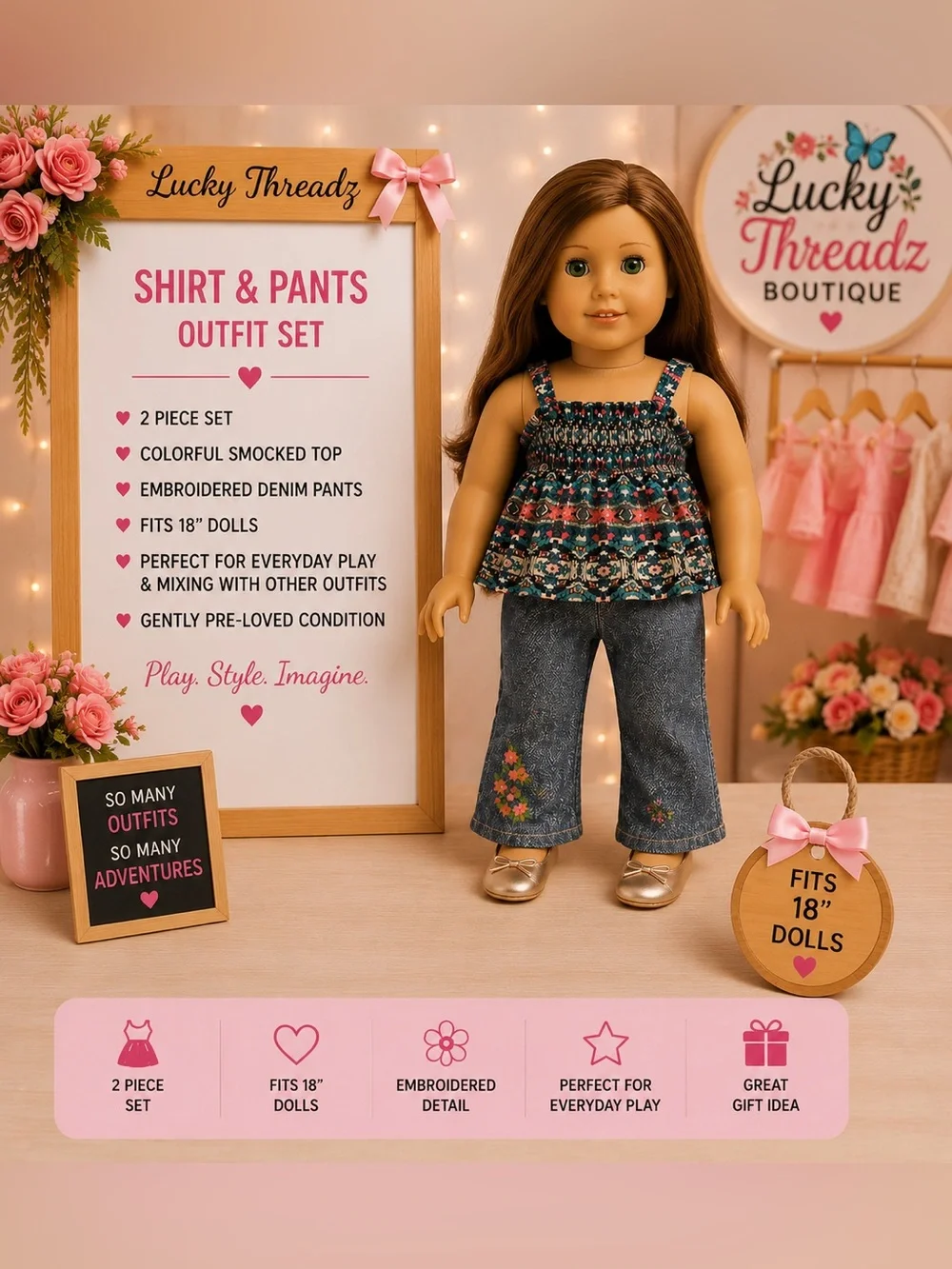 American Girl doll Floral Smocked Top & Embroidered Denim Pants - Blue